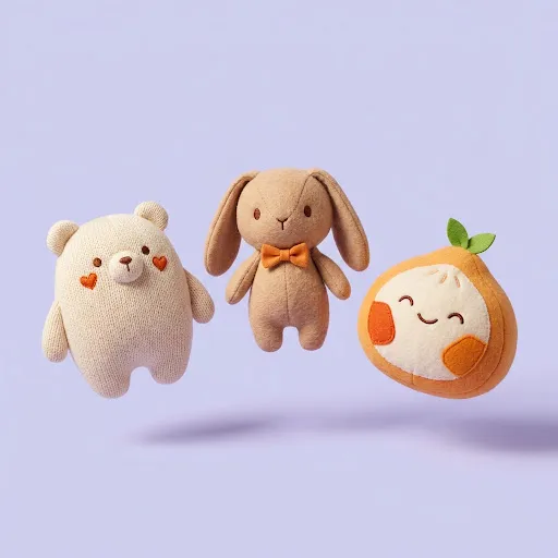 A minimalist, high-fidelity professional product photograph of a small group of 3 cute, stylized soft plushies